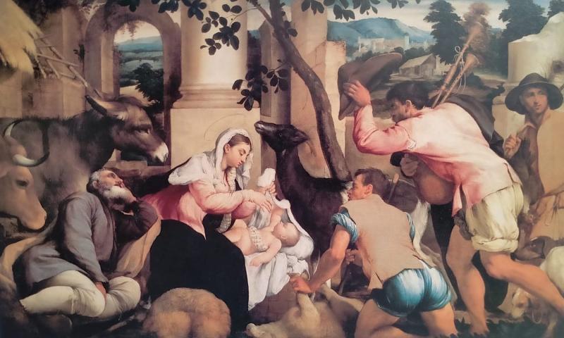 Bassanonet.it - Jacopo Bassano, Adorazione dei pastori (c. 1546). The Royal Collection, Hampton Court.  Olio su tela, cm 139,5x219 (immagine dal catalogo della mostra “Jacopo Bassano”)