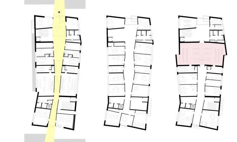 Bassanonet.it - Planimetria dei tre piani fuori terra del nuovo Tribunale di Bassano. Segnata in rosa l’unica aula udienze (fonte immagine: podrecca.com)