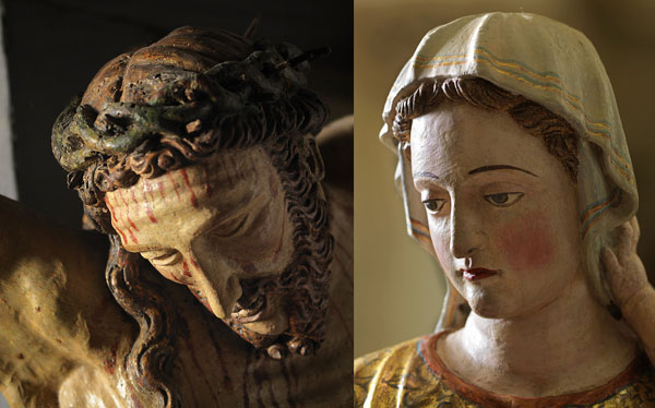Particolari del crociifisso e della statua della Madonna del Carmine di Campolongo sul Brenta (foto Bozzetto Edizioni)