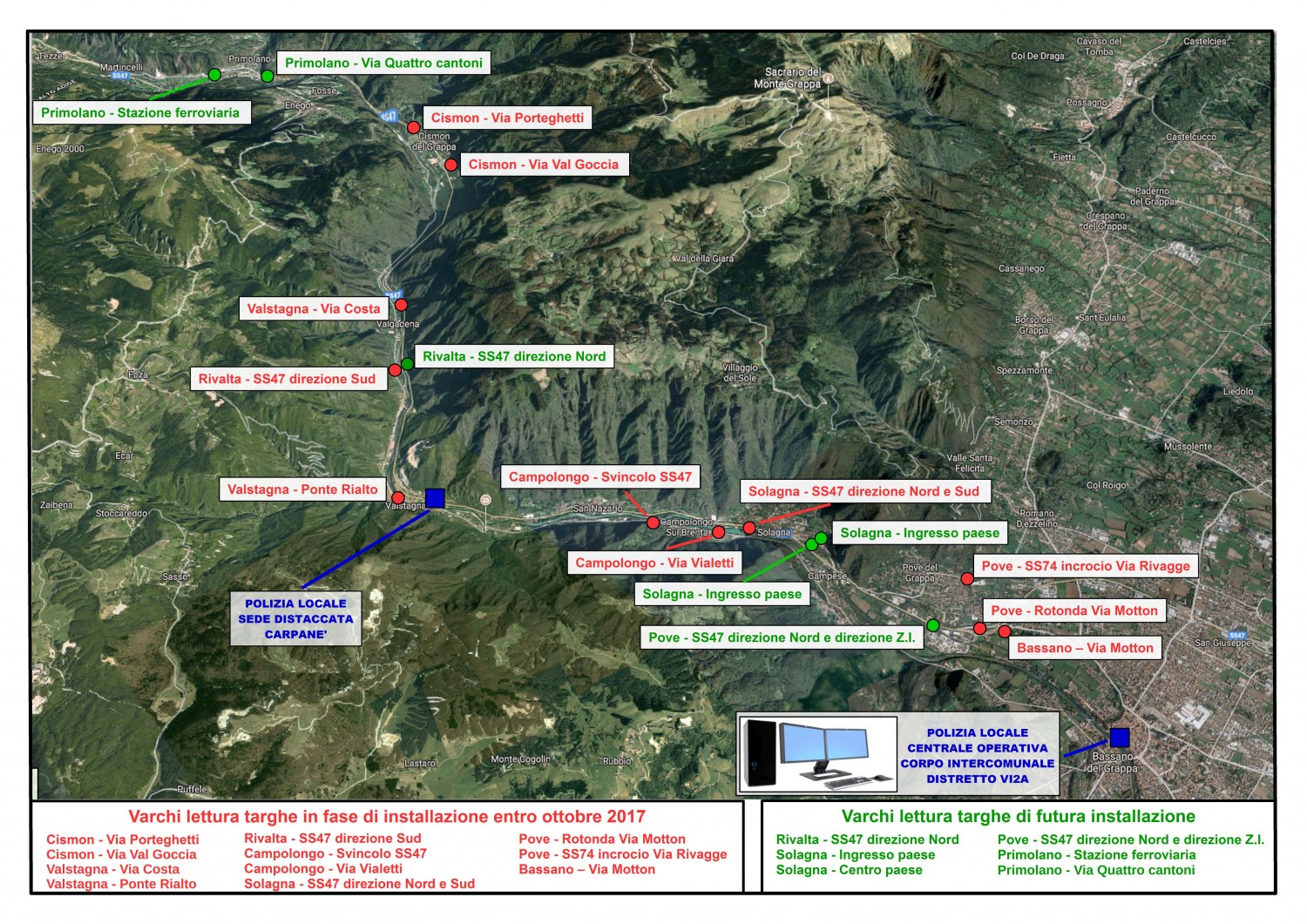 Unione Montana Valbrenta - Mappa dei varchi di lettura targhe