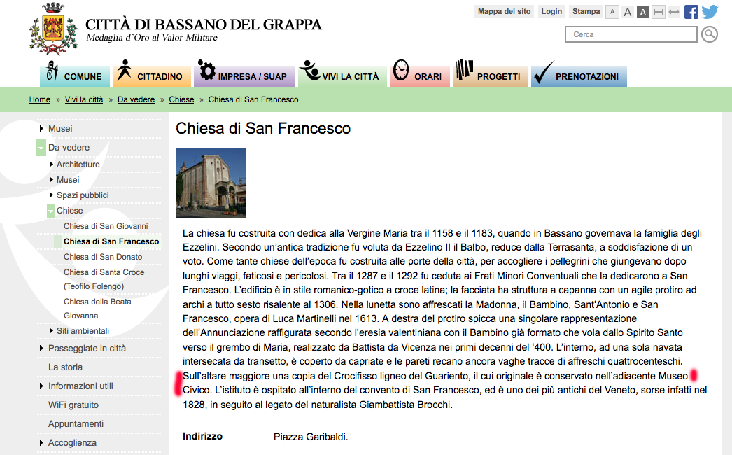 La scheda informativa sulla chiesa di San Francesco del sito internet del Comune di Bassano