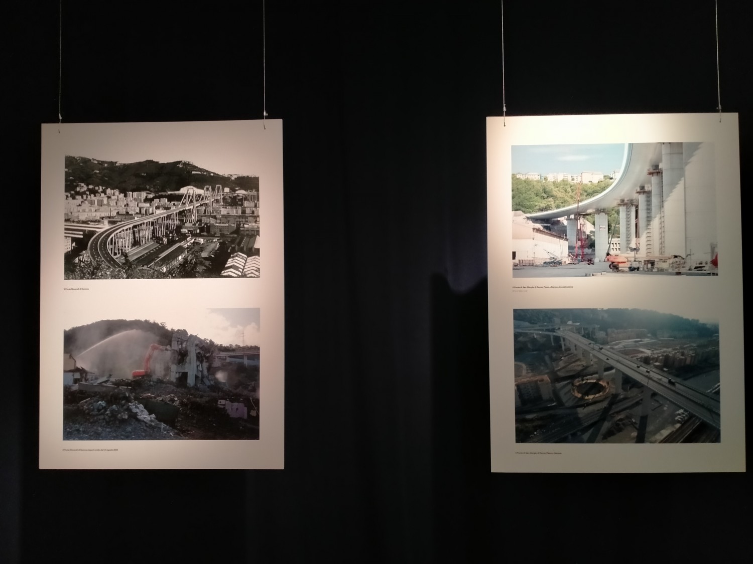 Il pannello conclusivo della mostra al Museo Civico, dedicato al Ponte Morandi e al Ponte San Giorgio