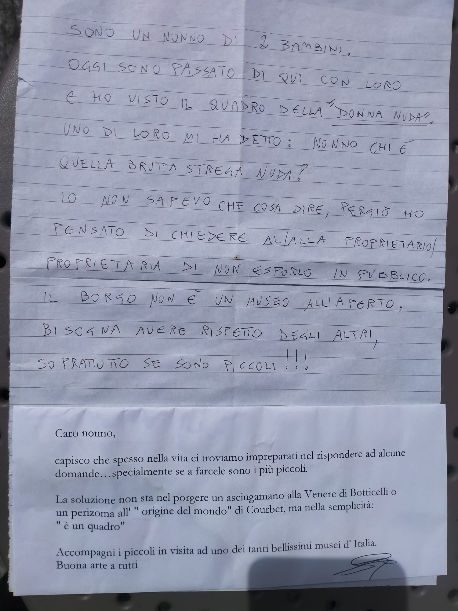 Il messaggio del nonno e la replica della pittrice