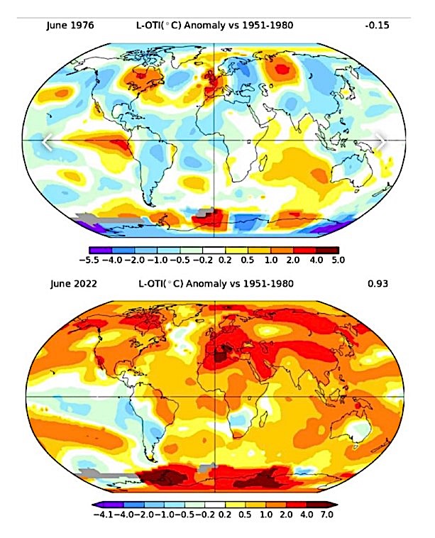Mappa del calore mondiale della NASA, giugno 1976 vs giugno 2022