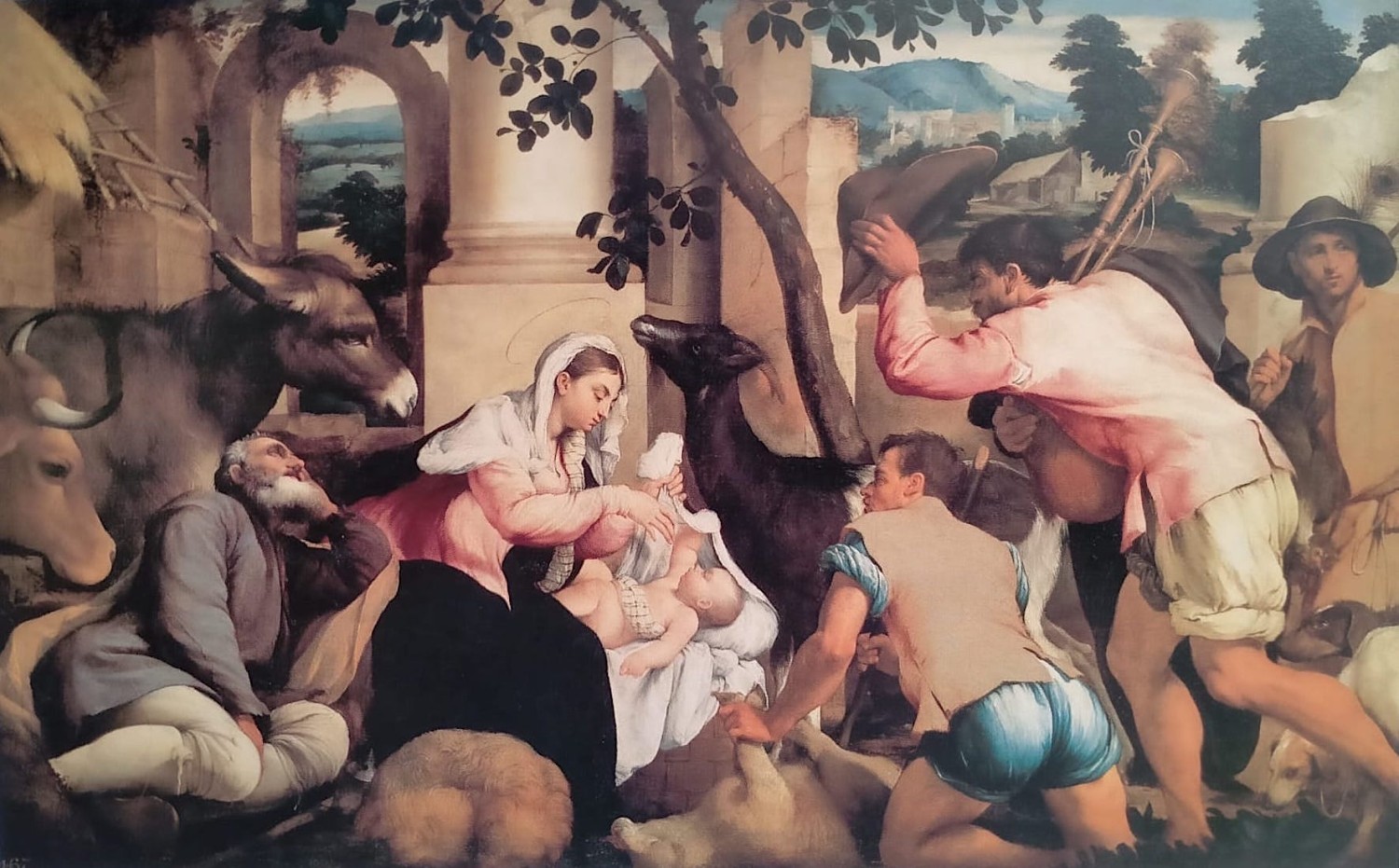 Jacopo Bassano, Adorazione dei pastori (c. 1546). The Royal Collection, Hampton Court.  Olio su tela, cm 139,5x219 (immagine dal catalogo della mostra “Jacopo Bassano”)