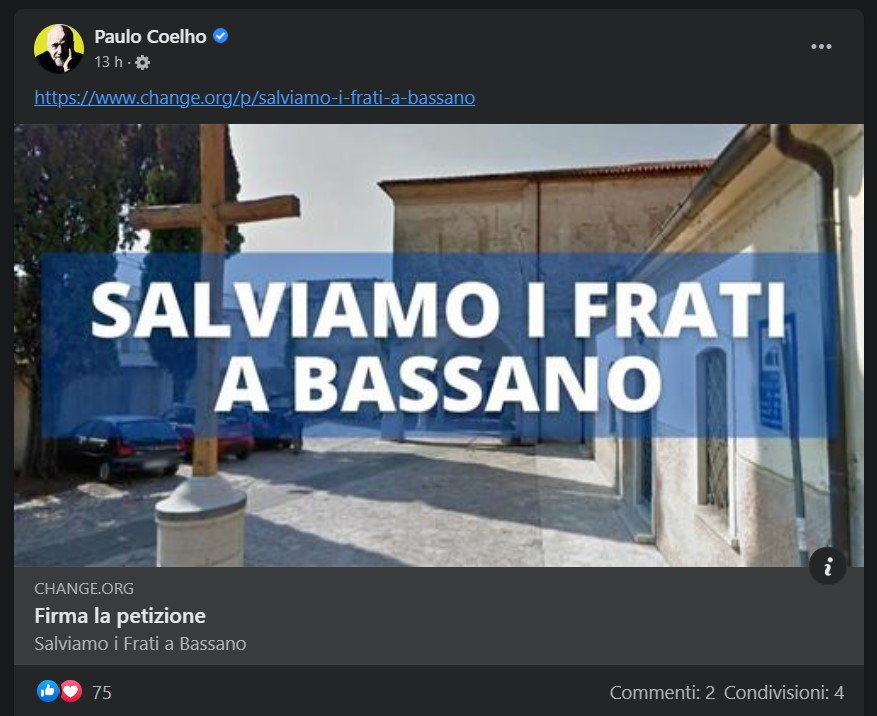 La petizione online rilanciata da Paulo Coelho nella sua pagina Facebook