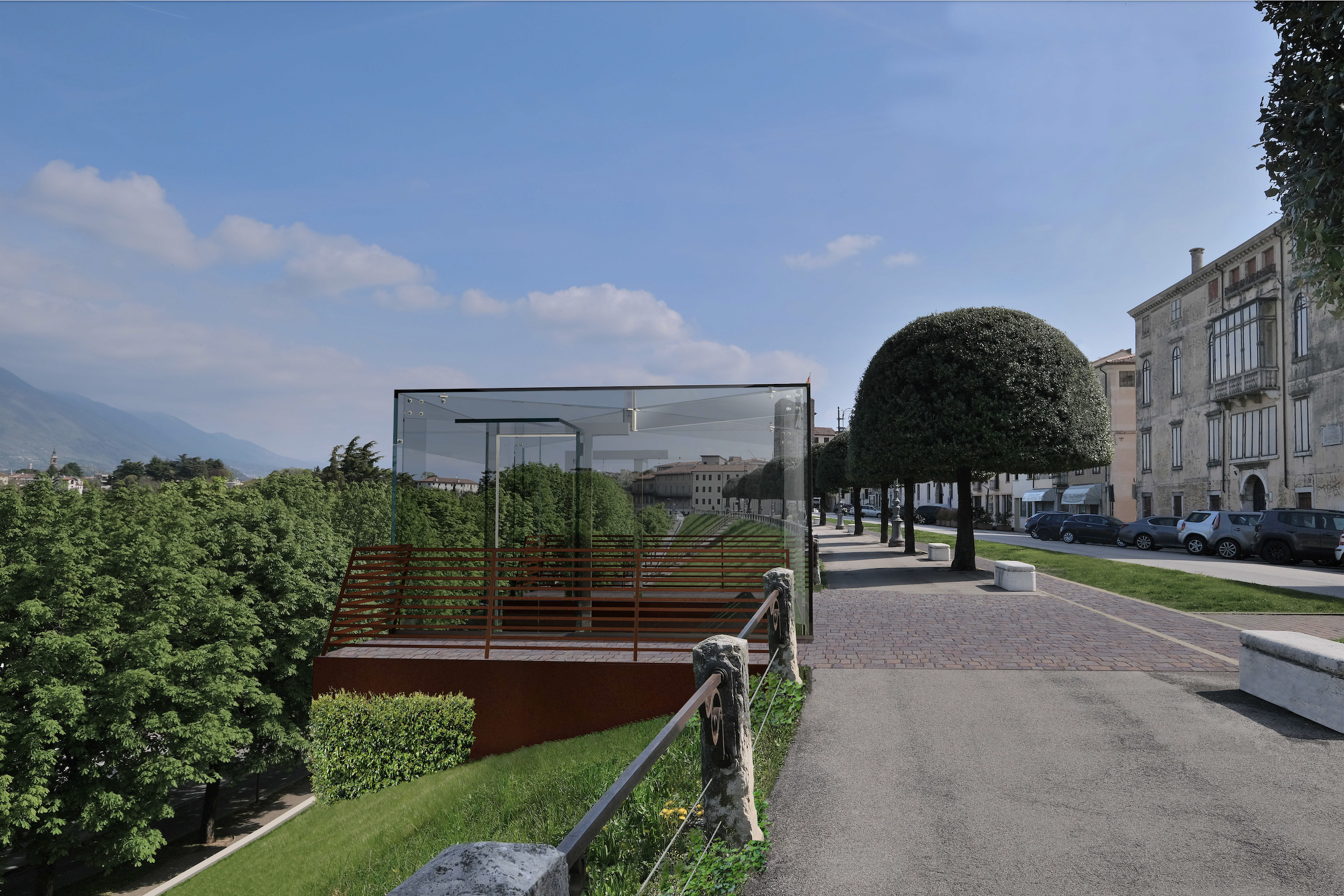 Foto-inserimento dalla prima ipotesi progettuale: visione laterale della vecchia versione della stazione a monte di viale dei Martiri