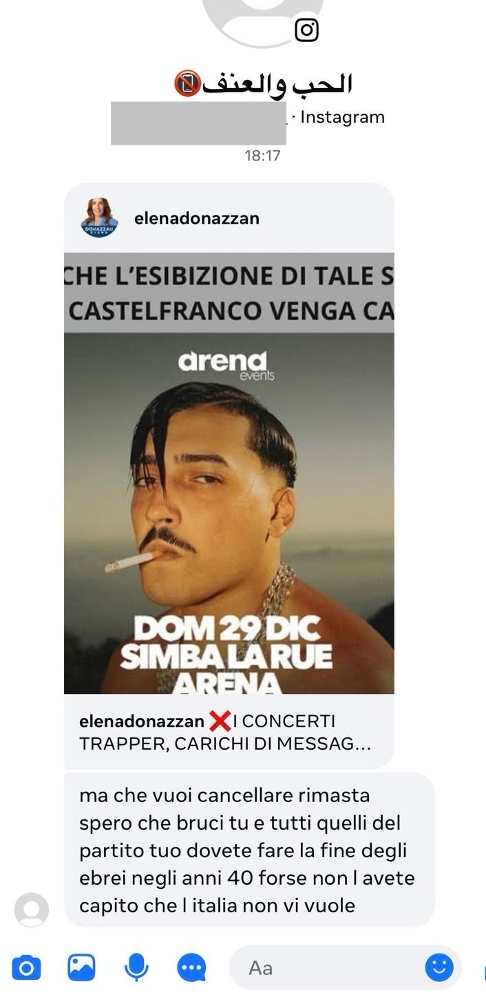 Bassanonet.it - Lo screenshot della minaccia antisemita a Donazzan